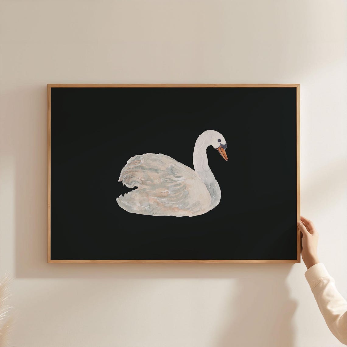 White Swan Watercolor Painting on Black Background Minimalist Poster