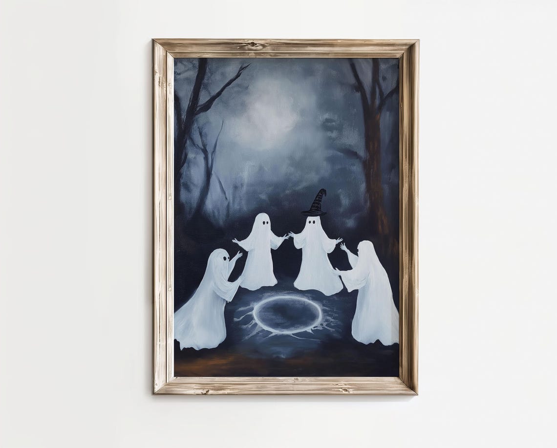 Dancing Ghosts Witchy Hat Dark Forest Halloween Night Poster