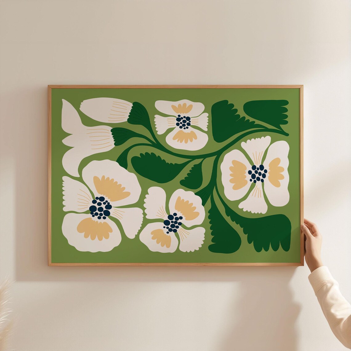 Bold Retro Cream Poppies On Deep Green Maximalist Floral Poster