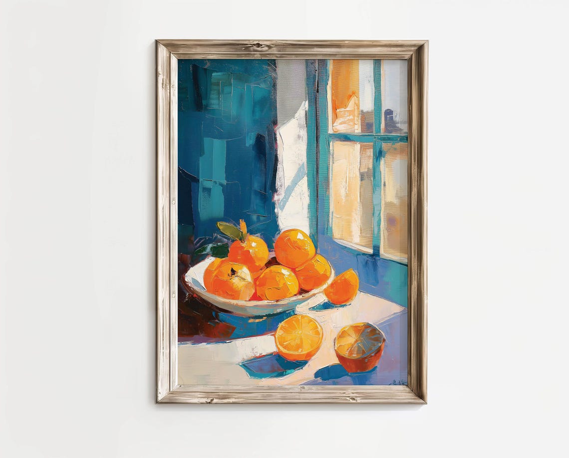 Oranges Still Life By Window Blue Kitchen Fruit Oil Painting Poster