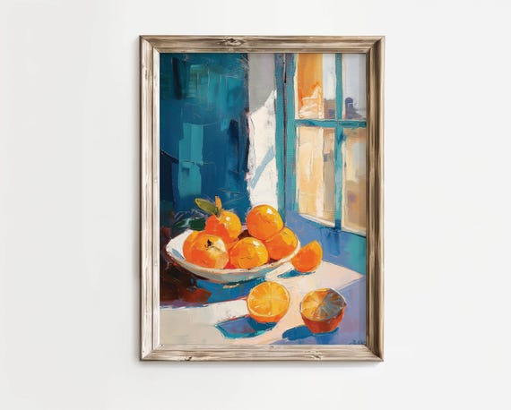 Physical Poster Vibrant Orange Fruit Print By Window Colorful Kitchen Still Life Trendy Wall Art Decor For Home