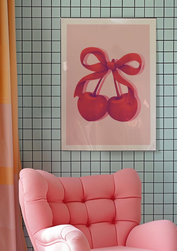 Vibrant Colourful Abstract Retro Ma Cherie Cherry Ribbon Bow Girly Bedroom Red Pink Wall Decor Prints Trendy Art Print