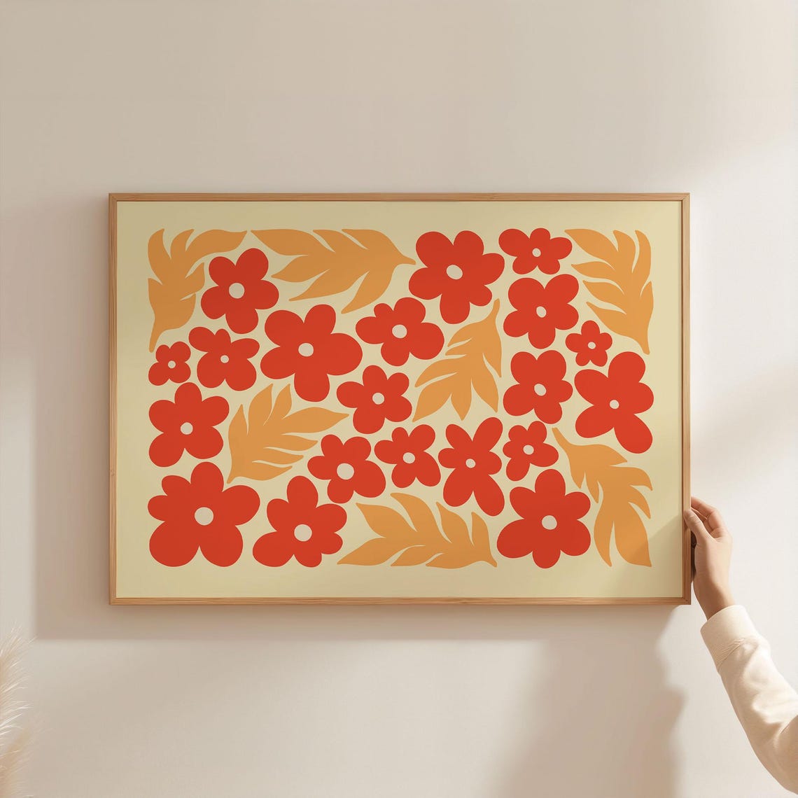 Bold Orange Poppies and Beige Leaves Retro Floral Pattern Poster