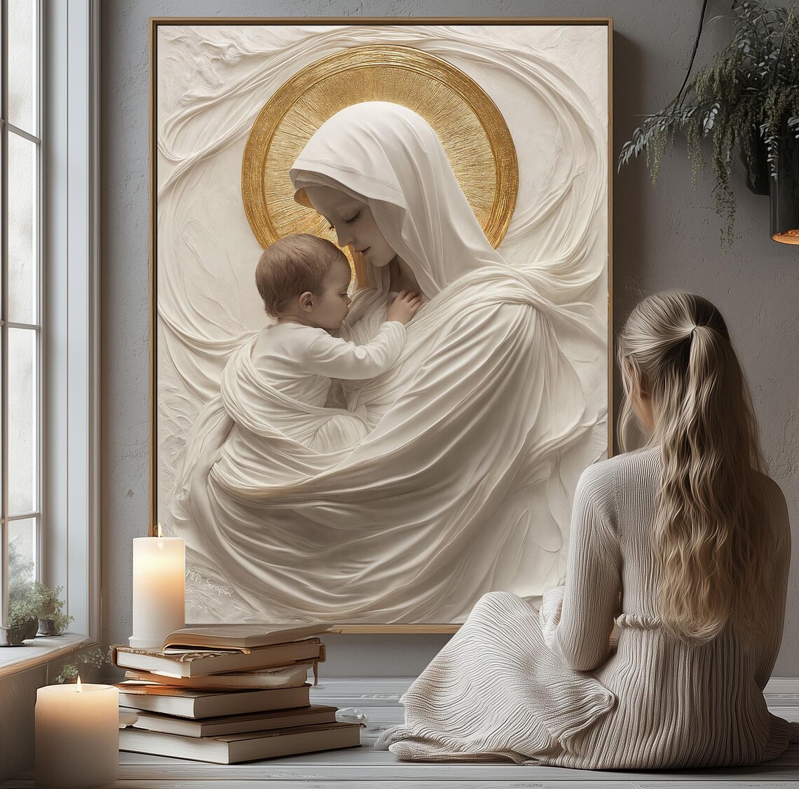 Madonna And Child White Impasto With Golden Halo Serene Catholic Scene Poster - Image 3