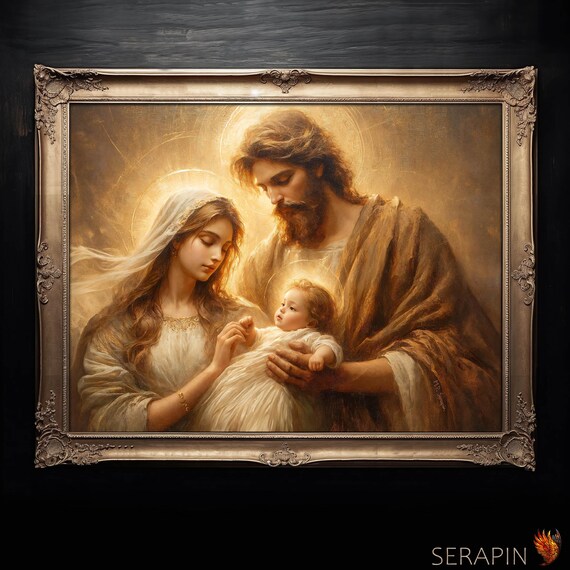 Holy Family Joseph Holding Infant Jesus With Mary Golden Halo Catholic Poster