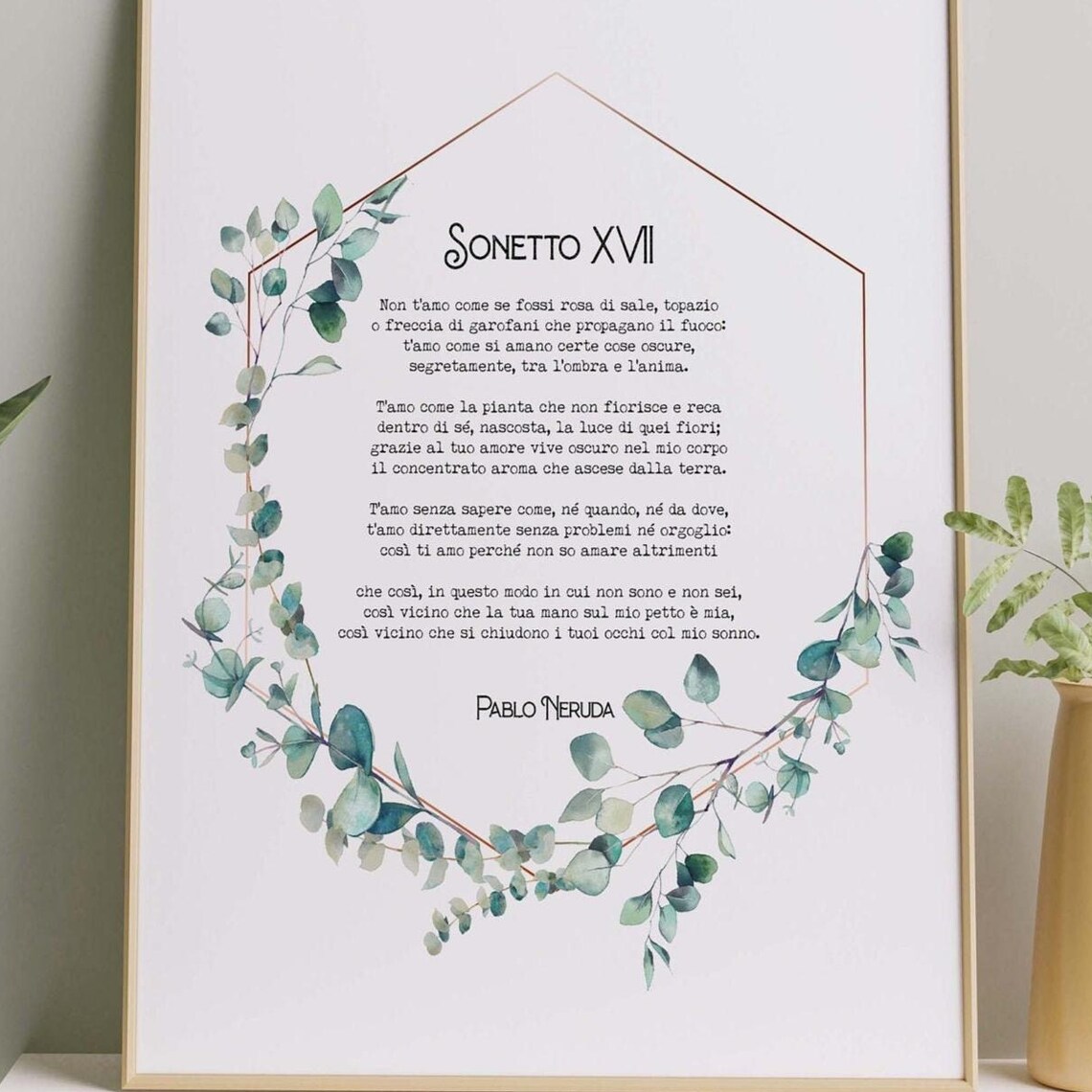 Pablo Neruda Sonnet XVII Italian Poem Eucalyptus Wreath Art Poster