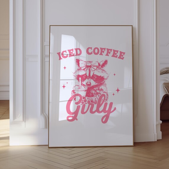 Iced Coffee Girly Pink Raccoon With Bow Funny Animal Lover Poster