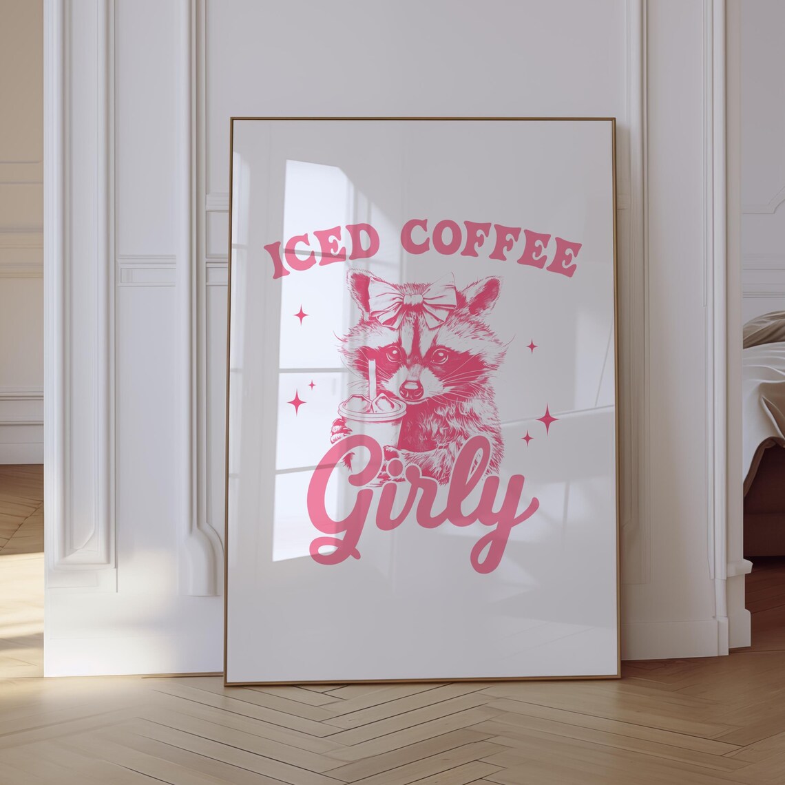 Iced Coffee Girly Pink Raccoon With Bow Funny Animal Lover Poster