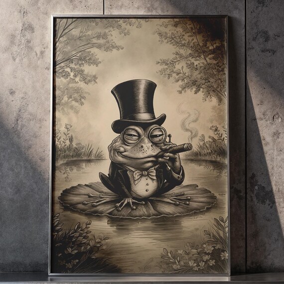 Frog Smoking A Cigar Vintage Poster, Bar Decor