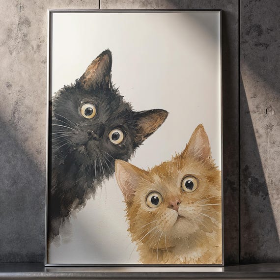 Curious Kittens Watercolor Minimalist Pet Art Print