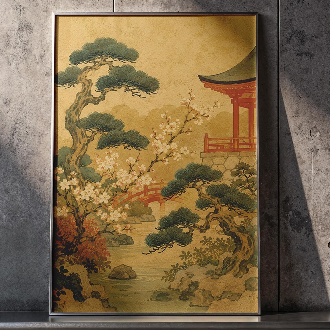 Vintage Japanese Garden Pine Trees Cherry Blossom Temple Art Poster