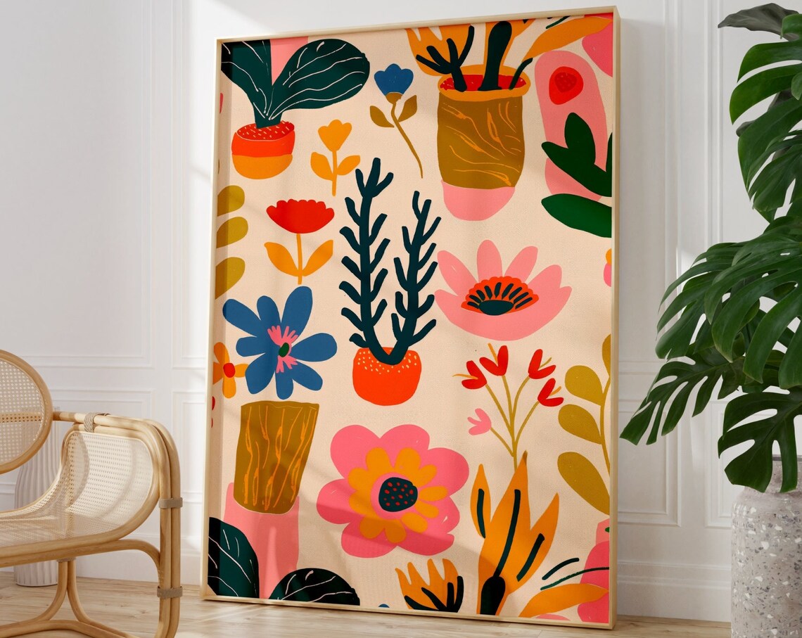 Modern Botanical Illustration Potted Plants Colorful Flat Art Poster