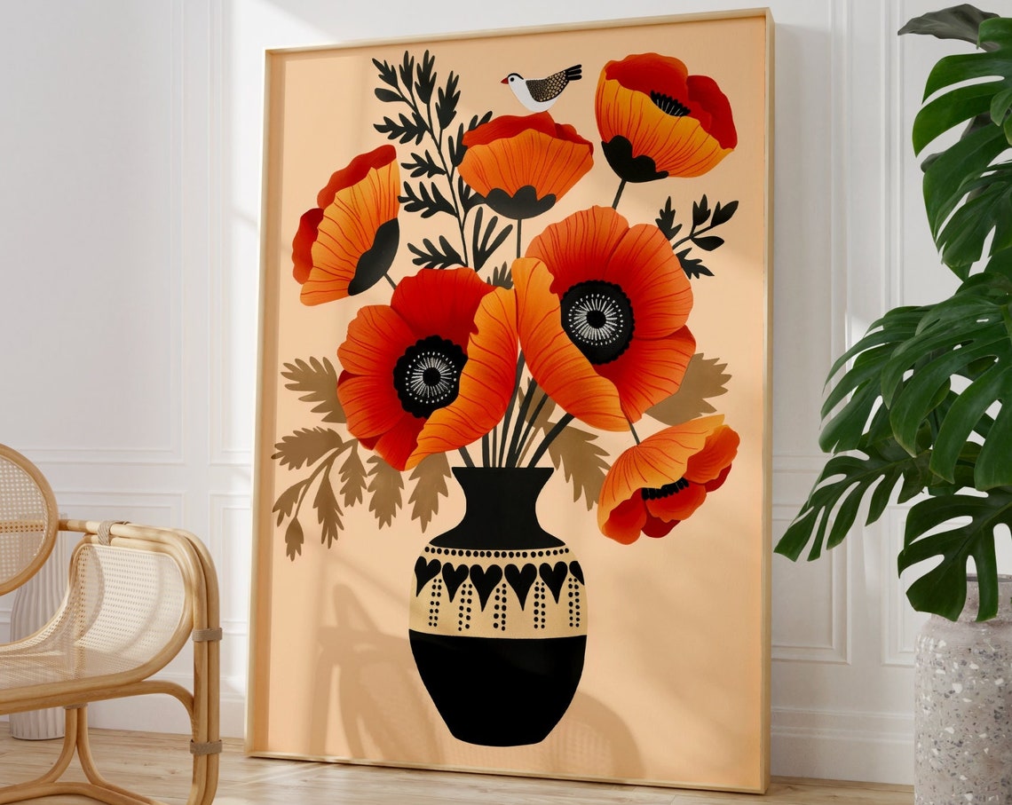 Orange Poppies In Folk Style Vase Modern Botanical Illustration Poster
