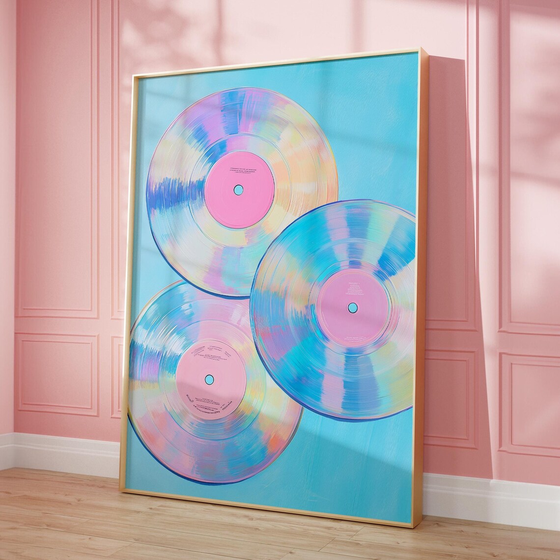 Iridescent Holographic Vinyl Records Blue Retro Music Art Poster