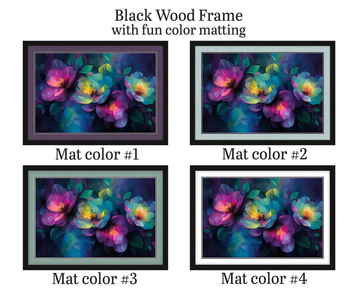 Luminous Purple Pink Teal Glowing Flowers Dark Floral Art Poster - Image 2