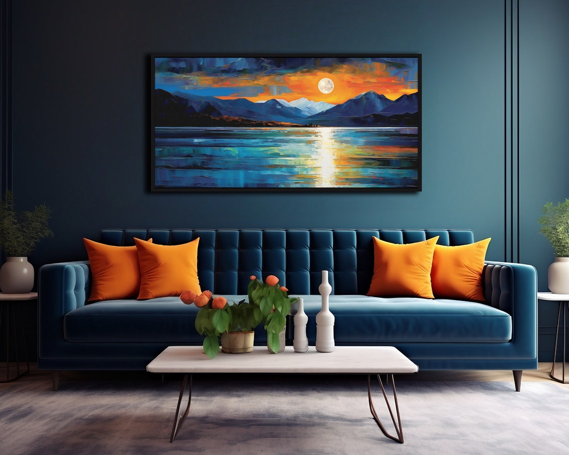 Panoramic Landscape Art Blue Teal Orange Wall Decor Bold Seascape Art Cool Unique Abstract Wall Art Bachelor Pad Art Over The Sofa Art - Image 3