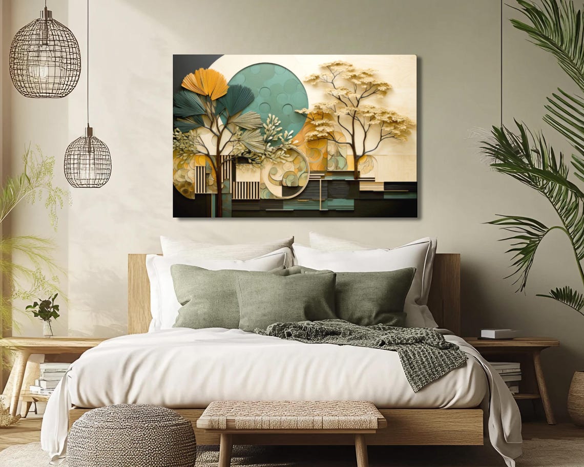 Teal Gold Geometric Trees Paper Cut Sun Art Deco Nature Poster - Image 3
