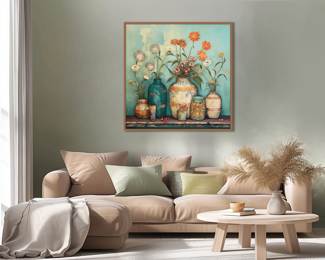 Vintage Eclectic Flower Pots Teal Orange Boho Floral Still Life Poster - Image 3