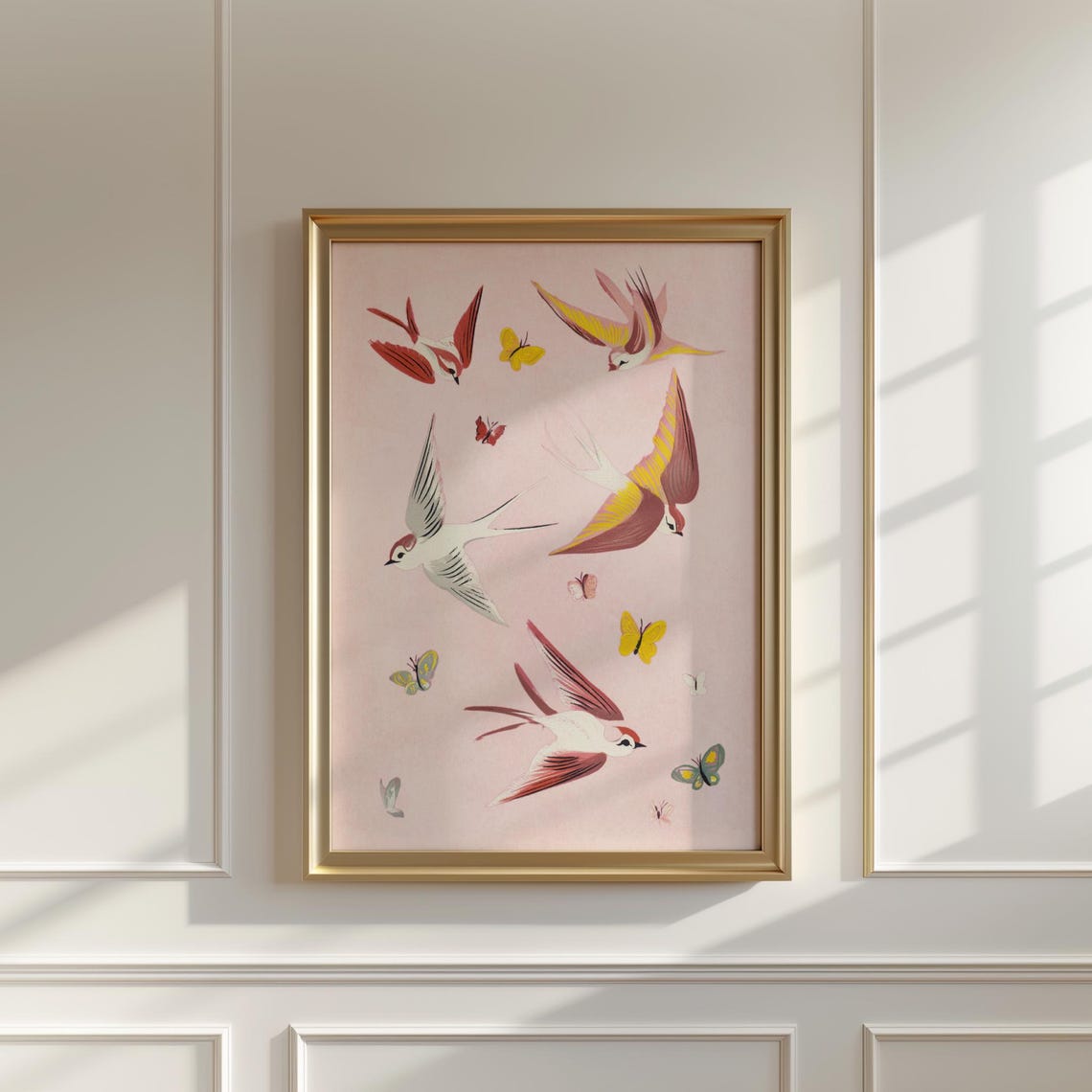 Vintage Pink Swallow and Butterfly Print for Bedroom Wall Decor