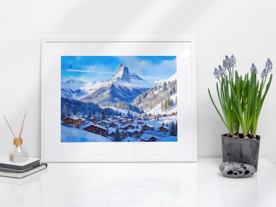 Swiss Alps Watercolor Art Print Switzerland Wall Cityscape Painting Zermatt Prints Fine Poster Matterhorn Europe City