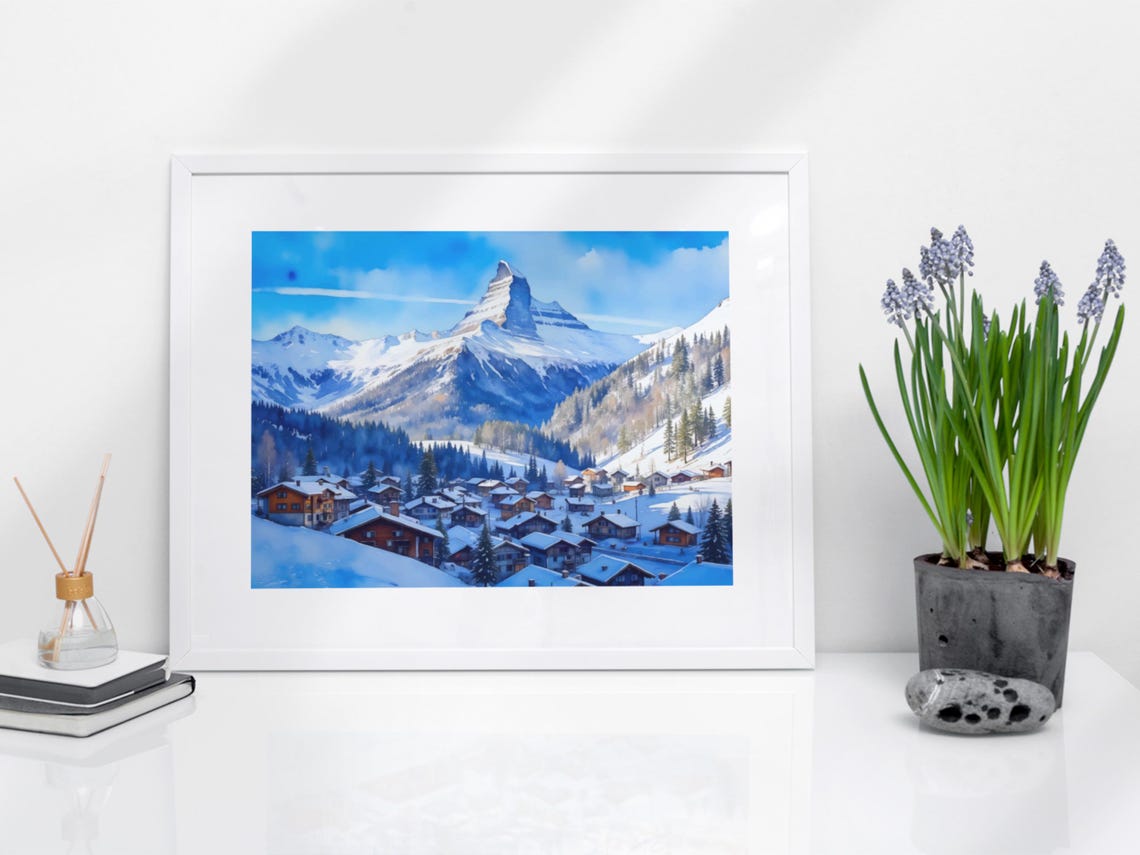 Swiss Alps Watercolor Art Print Switzerland Wall Cityscape Painting Zermatt Prints Fine Poster Matterhorn Europe City