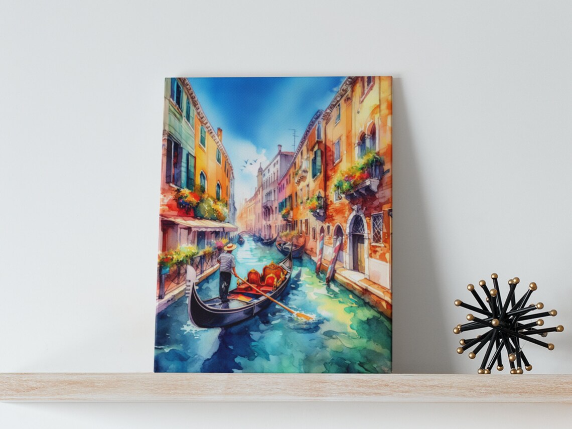 Venice Italy Gondolier Canal Colorful Watercolor Cityscape Poster