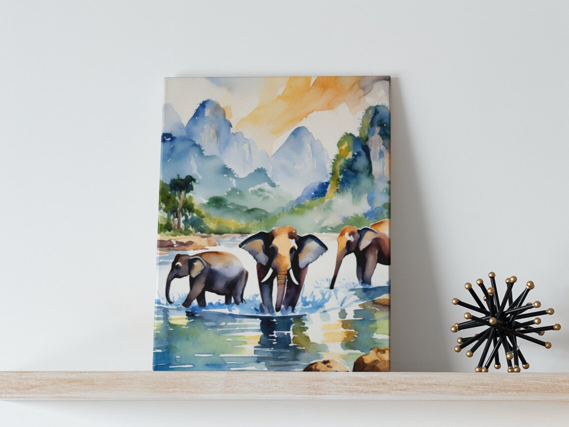 Chiang Mai Elephants Watercolor Art Print, Thailand