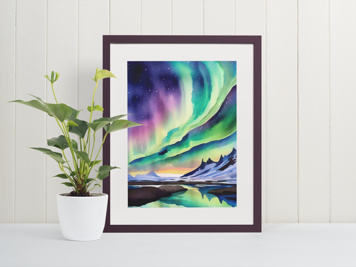 Northern Lights Watercolor Art Print, Reykjavik Travel