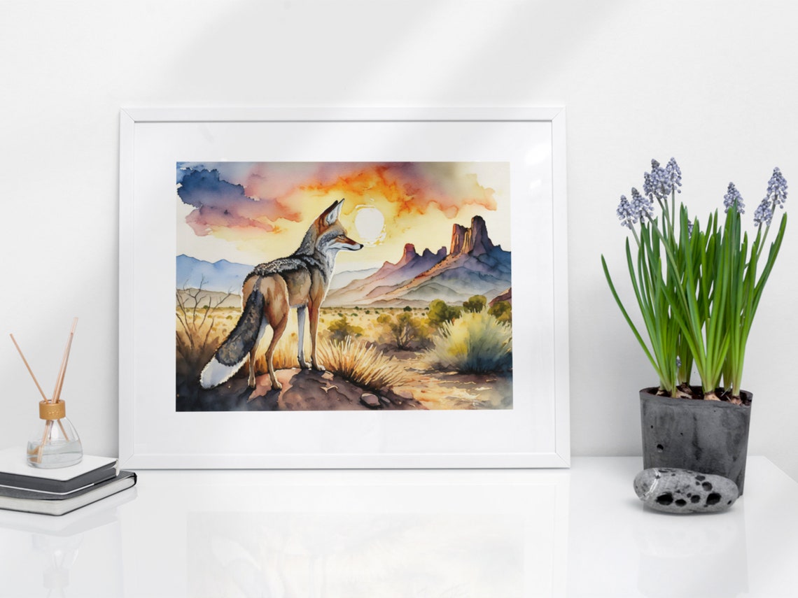 Coyote Desert Sunset Watercolor Howling Wild West Landscape Print