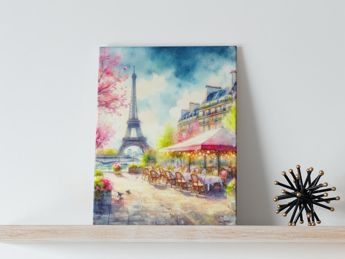 Paris Eiffel Tower Watercolor Cafe Terrace Cityscape Art Poster