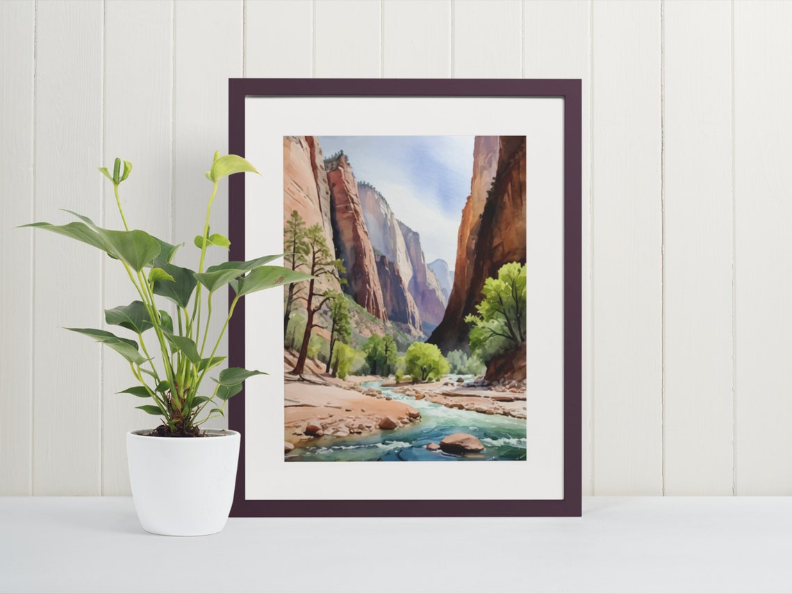 Red Rock Canyon River Watercolor Poster Towering Cliffs Desert Scene