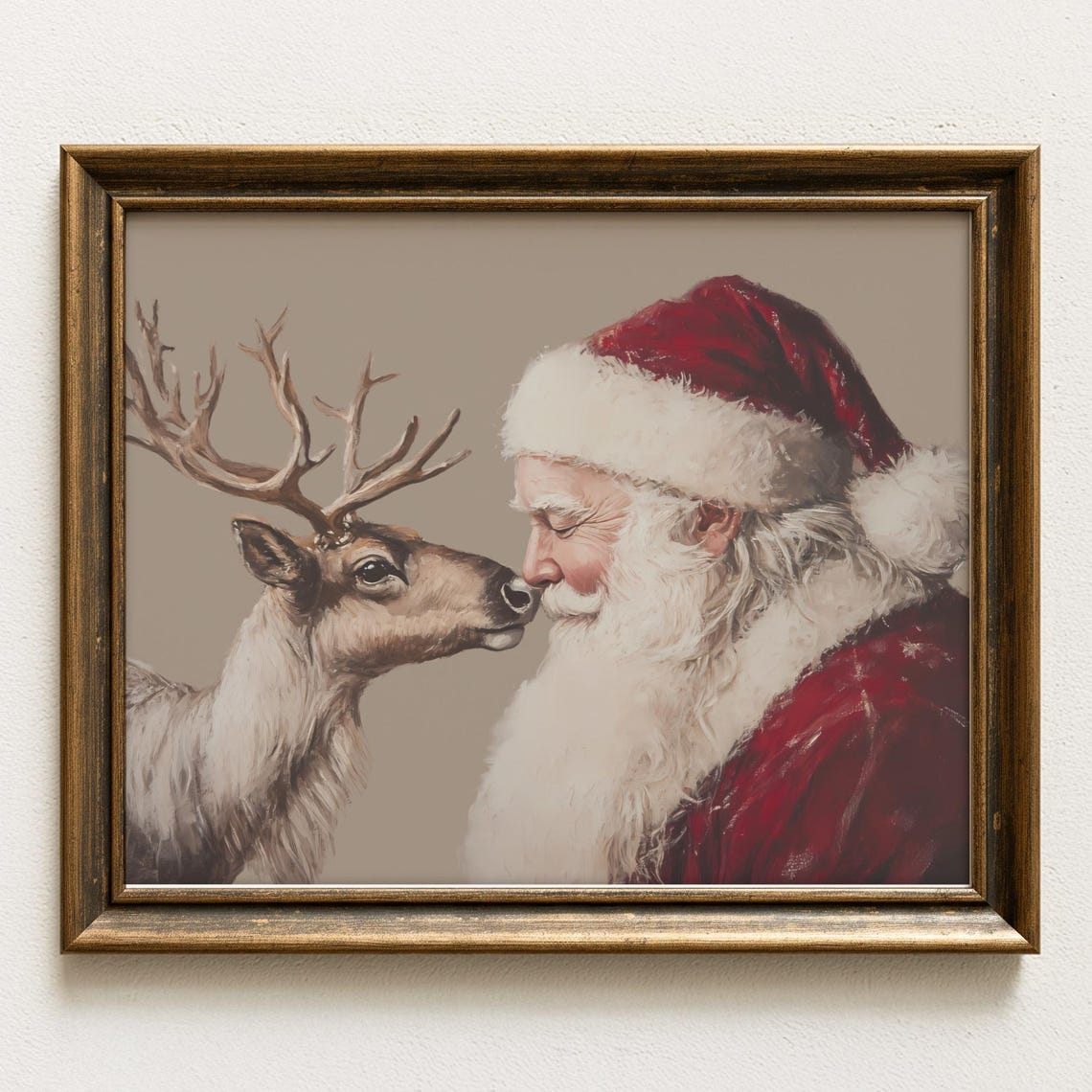 Santa Claus Nuzzling A Reindeer Warm Vintage Christmas Scene Poster