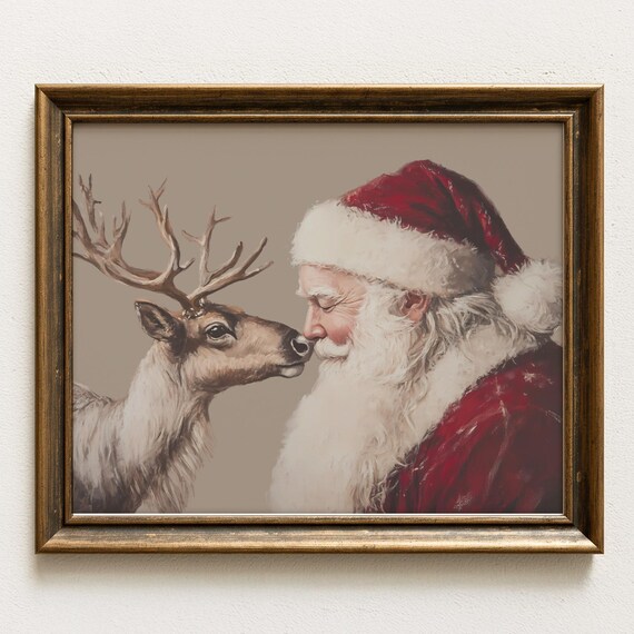 Santa Claus Nuzzling A Reindeer Warm Vintage Christmas Scene Poster