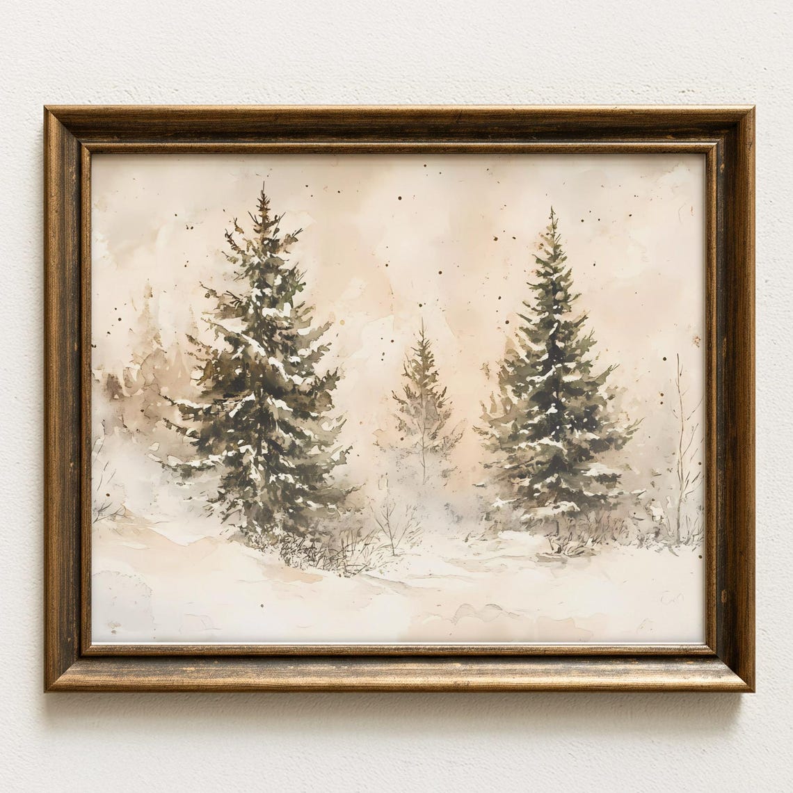 Snowy Pine Trees Watercolor Neutral Winter Forest Landscape Print