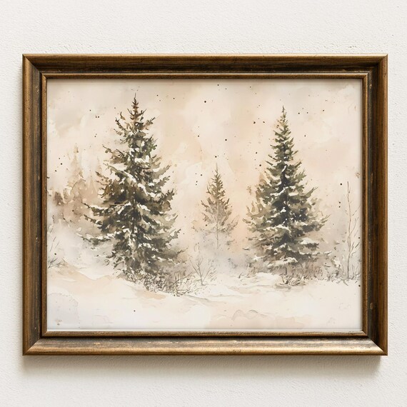 Snowy Pine Trees Watercolor Neutral Winter Forest Landscape Print