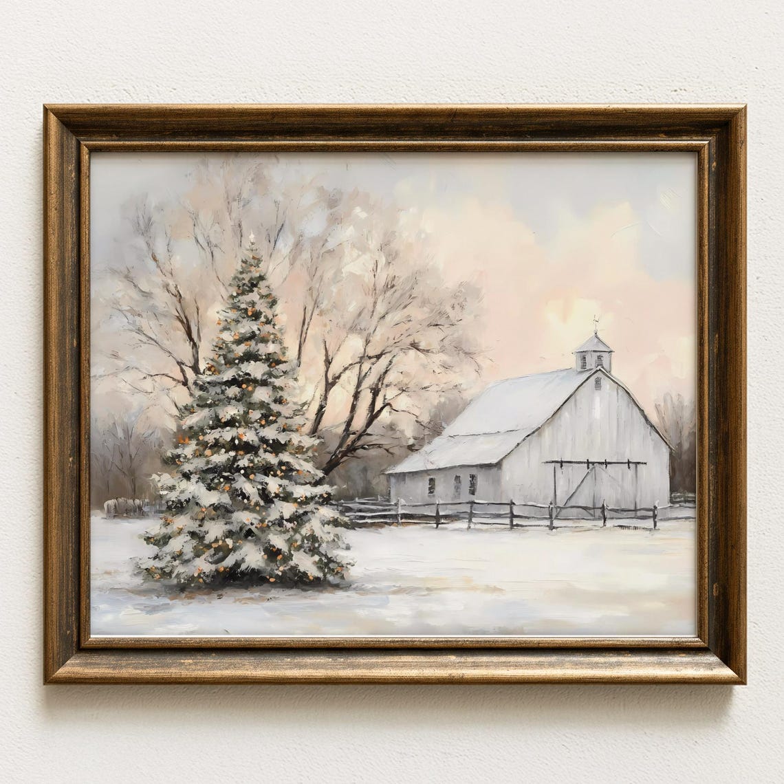 Snowy White Farmhouse Beside A Glowing Christmas Tree Winter Poster