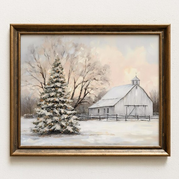 Snowy White Farmhouse Beside A Glowing Christmas Tree Winter Poster