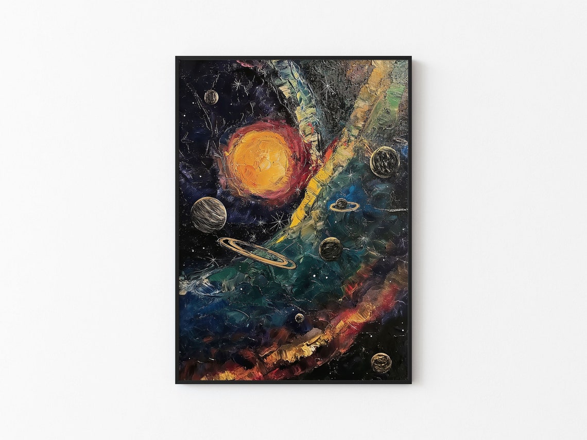 Ringed Planets Fiery Orange Sun Teal Sky Impasto Cosmic Poster