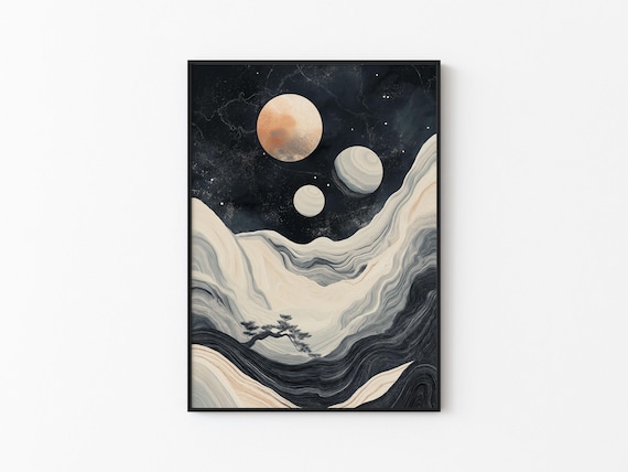 Peach Moon Silver Moons Marbled Wave Valley Tree Night Sky Art Poster