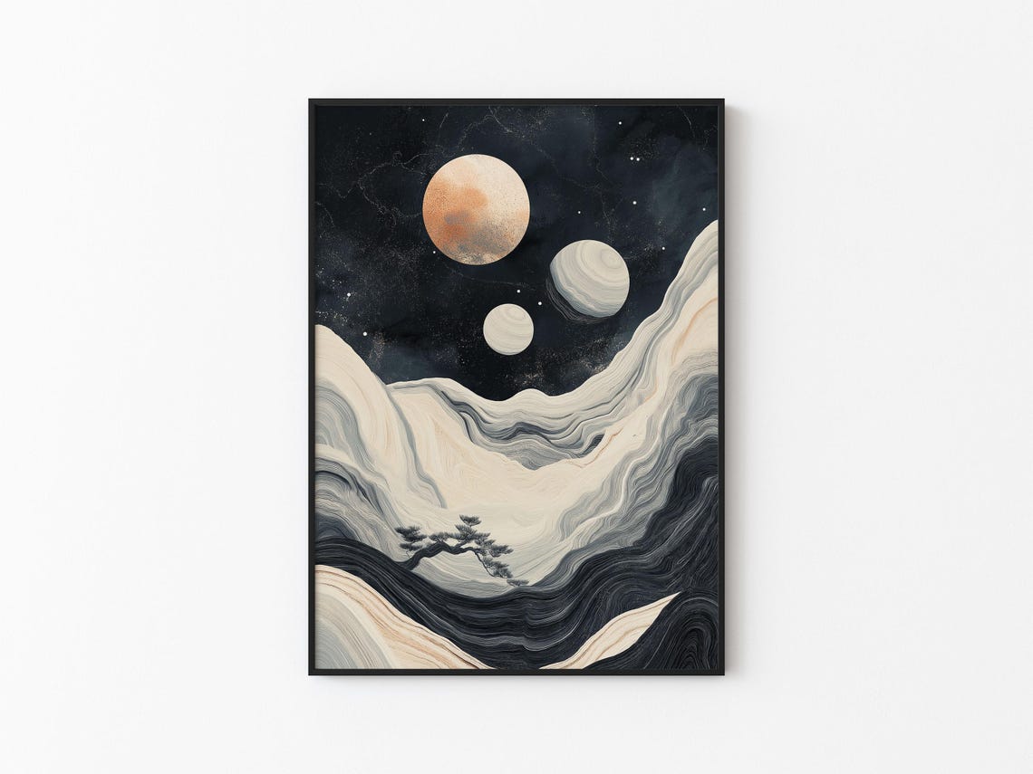 Peach Moon Silver Moons Marbled Wave Valley Tree Night Sky Art Poster