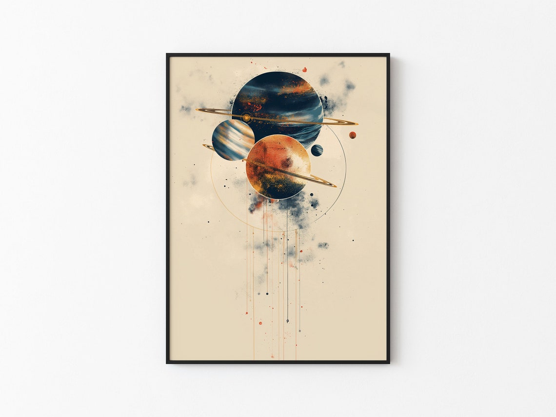 Clustered Ringed Planets Watercolor Drip Minimalist Wall Art