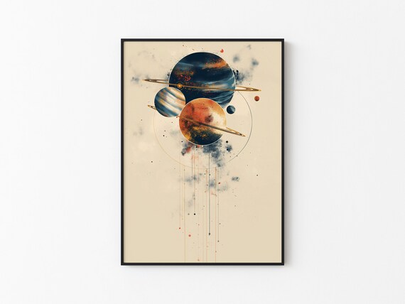 Clustered Ringed Planets Watercolor Drip Minimalist Wall Art