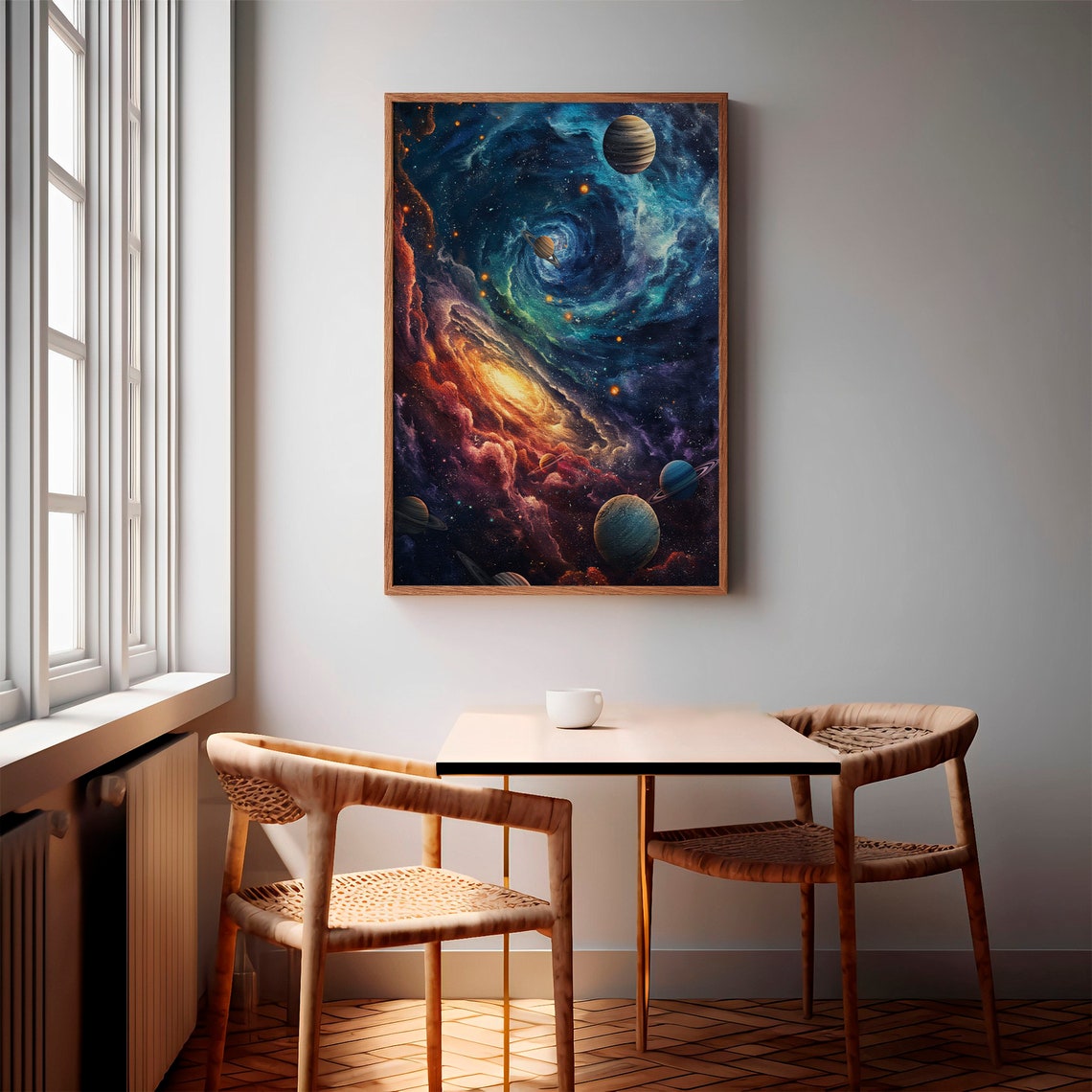 Swirling Teal Galaxy Ringed Planets Red Nebula Impasto Poster - Image 3