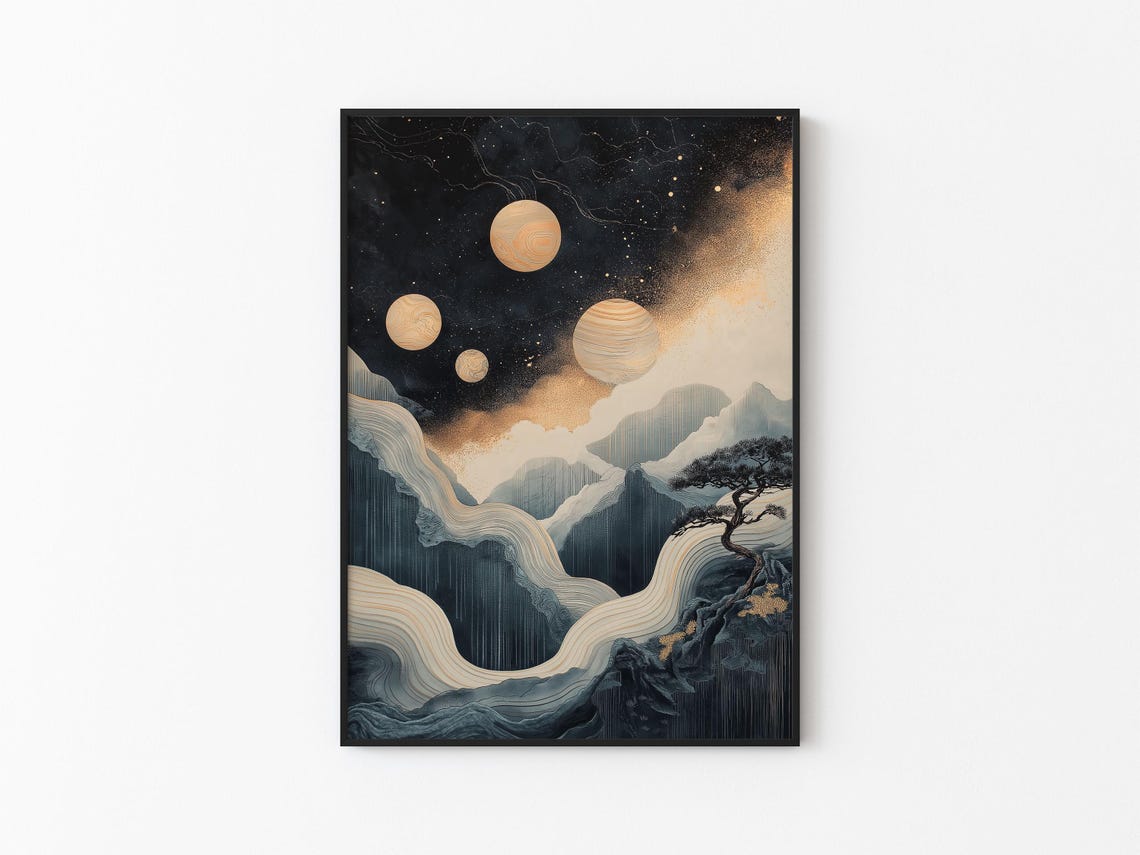 Four Banded Golden Planets Starry Aurora Mountain Night Sky Poster - Image 3