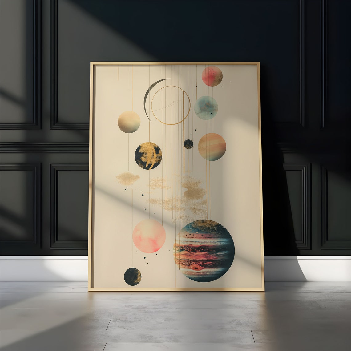 Watercolor Planets Pastel Moons Gold Lines Cream Cosmic Art Poster - Image 3