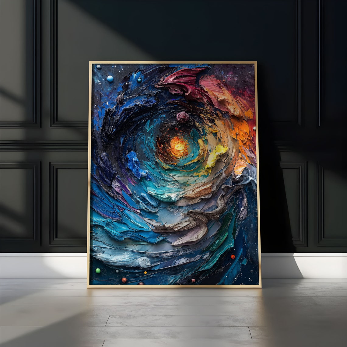 Blue Spiral Vortex Golden Center Starry Sky Impasto Art Poster - Image 3
