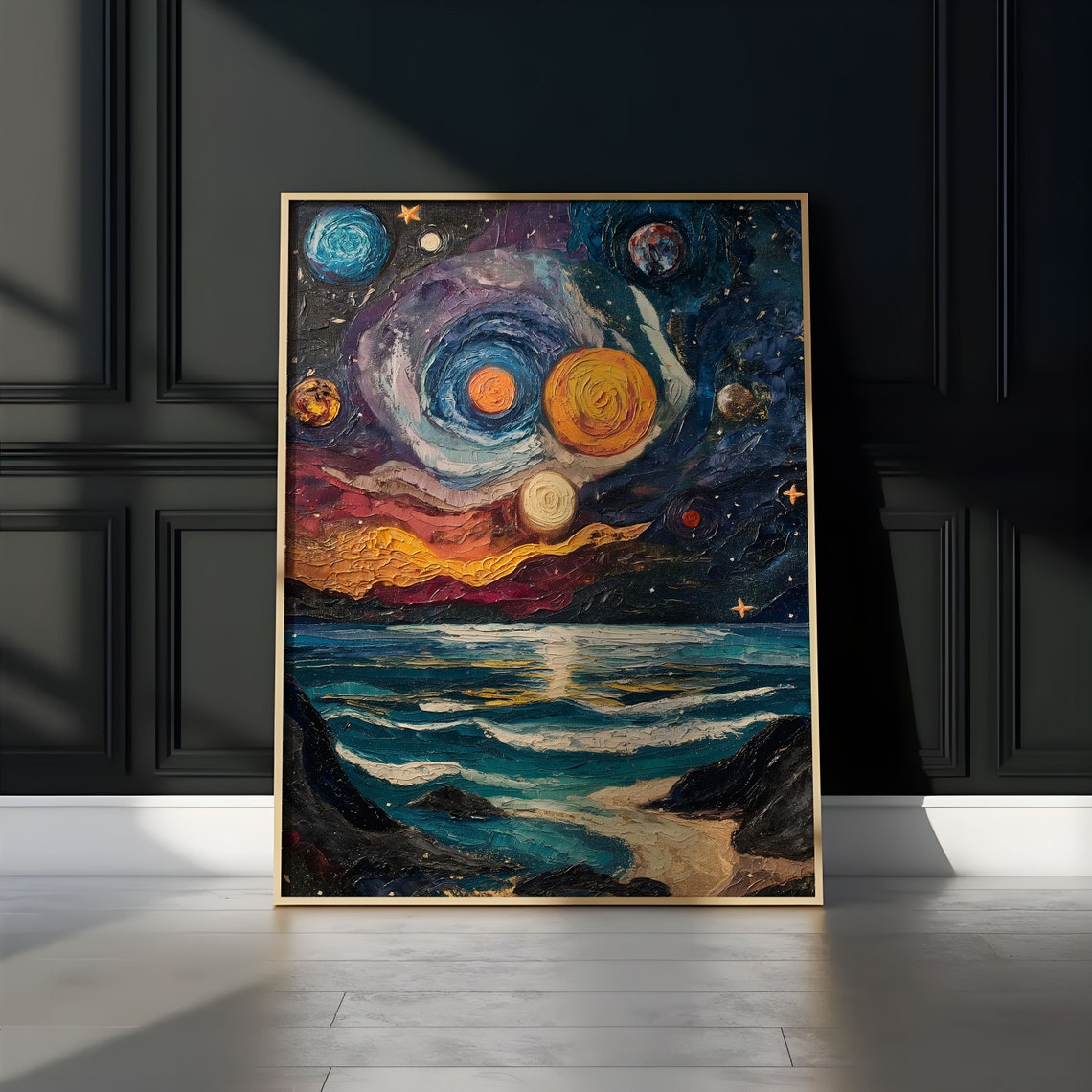 Starry Night Beach Twin Spiral Moons Impasto Coastal Art Poster - Image 3