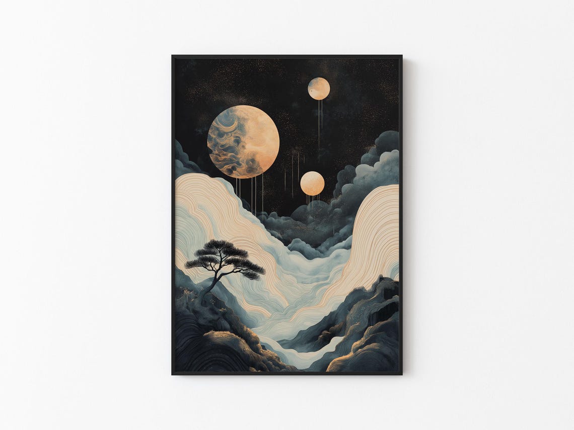 Three Dripping Moons Waterfall Clouds Pine Cliff Japandi Night Poster - Image 3
