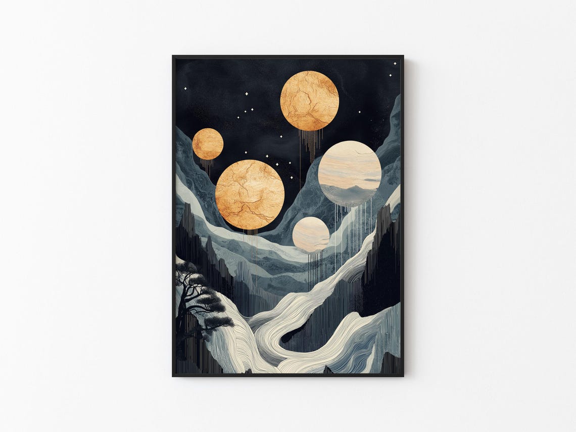 Five Cracked Gold Moons Wave Ribbons Mountain Night Sky Art Poster - Image 3