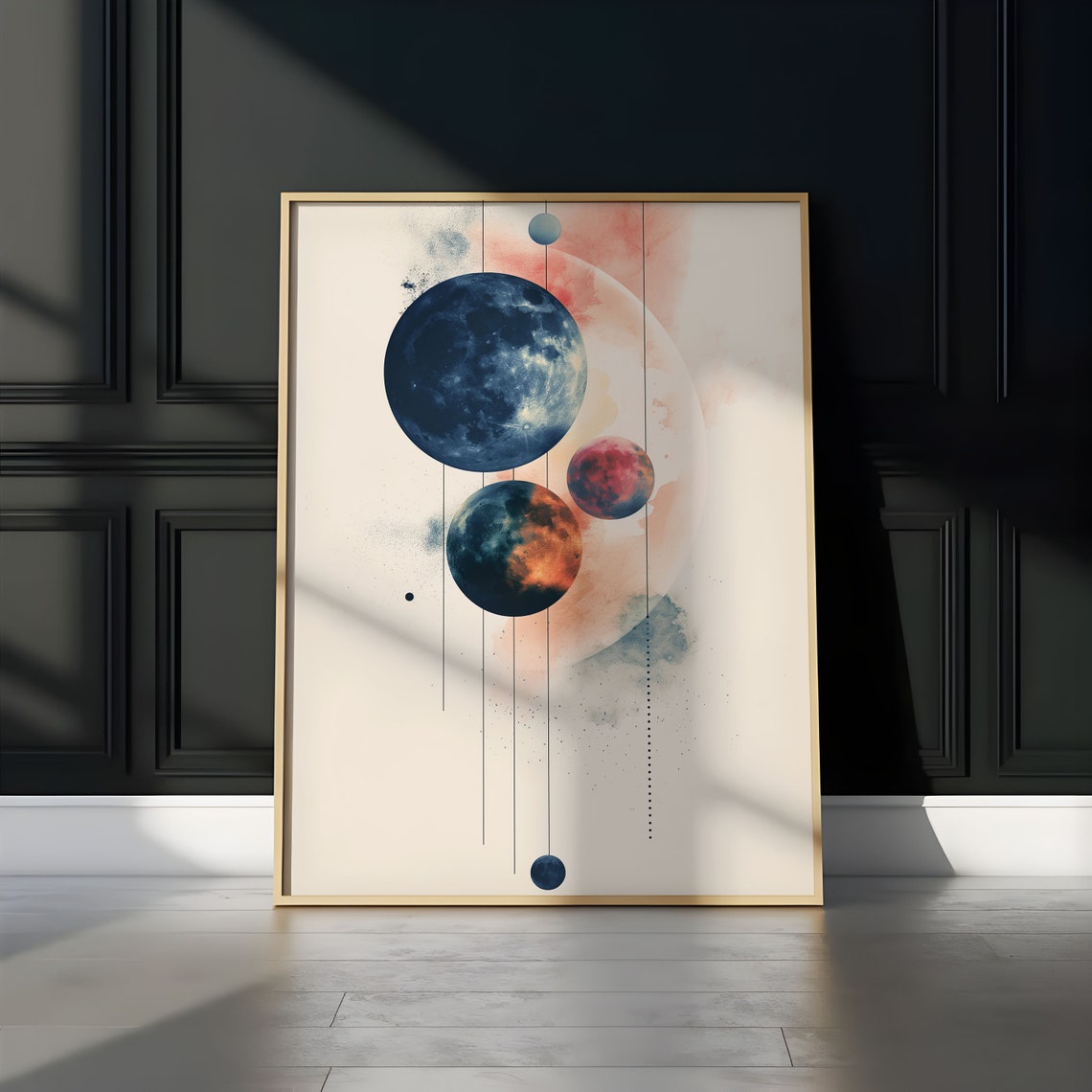 Navy Moon Peach Eclipse Watercolor Planetary Pair Abstract Art Print - Image 3
